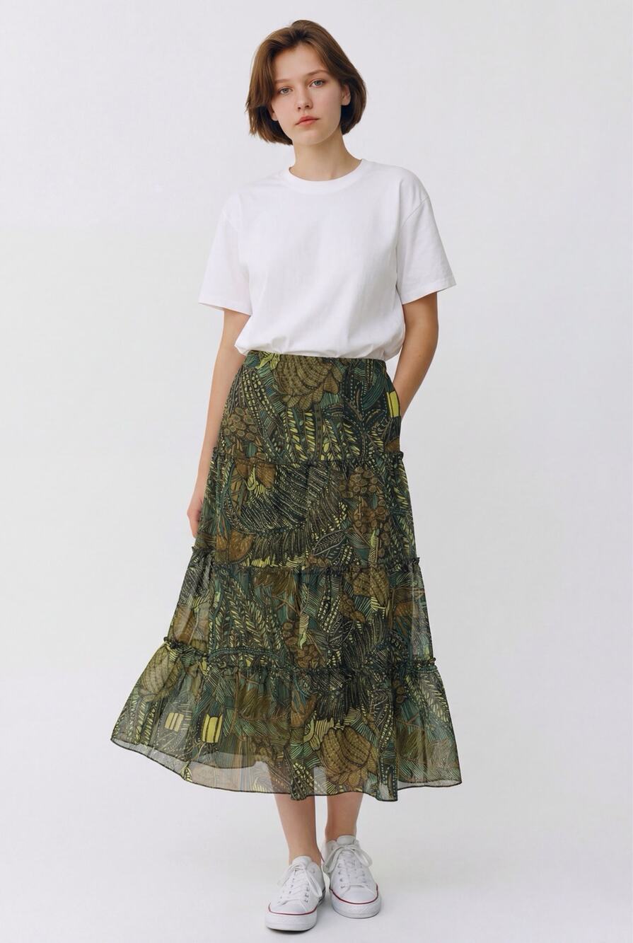 Hillard & Hanson Olive Green Bohemian Style Tiered Midi Skirt Bronze Thread